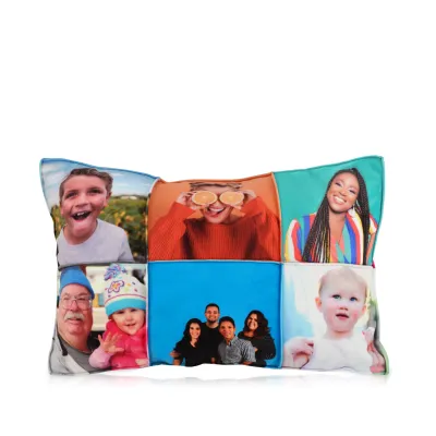 (Polyester Fibre Filling) White Soft Velvet Polyester Fabric with Removable (Zip) Cover (Patchwork Sewn Photos) 6 Photos (Approx. 40cm x 25cm) (Personalised with Text)