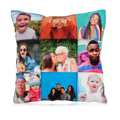 (Polyester Fibre Filling) Sky Blue Soft Velvet Polyester Fabric with Removable (Zip) Cover (Patchwork Sewn Photos) (40cm Square) (Personalised with Text)