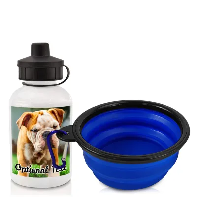 in White (400ml) with Screw Cap with 1 Photo Printed Front & Back (Personalised with Text) with Blue Pet Bowl