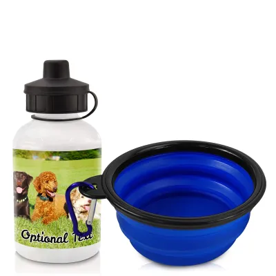 in White (400ml) with Screw Cap with 1 Wrapped Around Image (Personalised with Text) with Blue Pet Bowl