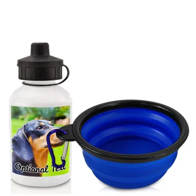 in White (400ml) with Screw Cap with 2 Photos Printed Front & Back (Personalised with Text) with Blue Pet Bowl