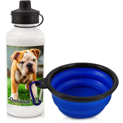 in White (600ml) with Screw Cap with 1 Photo Printed Front & Back (Personalised with Text) with Blue Pet Bowl