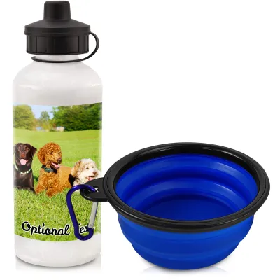 in White (600ml) with Screw Cap with 1 Wrapped Around Image (Personalised with Text) with Blue Pet Bowl