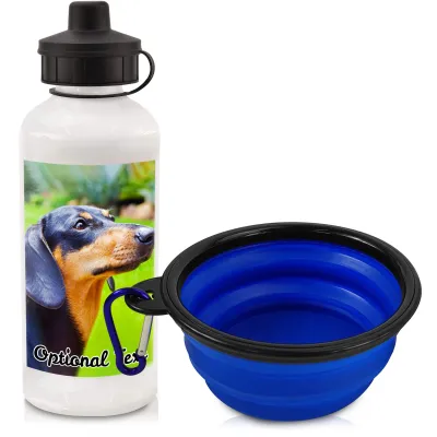 in White (600ml) with Screw Cap with 2 Photos Printed Front & Back (Personalised with Text) with Blue Pet Bowl