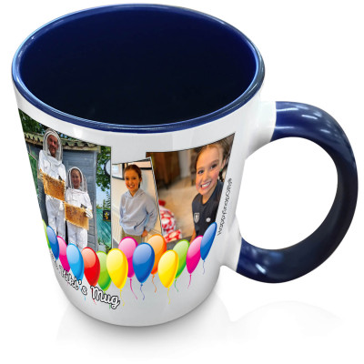 (XL 15oz Blue Inner &amp; Handle) with Balloon Design with 5 Photos (Personalised with Text)