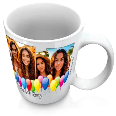 (XL 15oz White) with Balloon Design with 5 Photos (Personalised with Text)