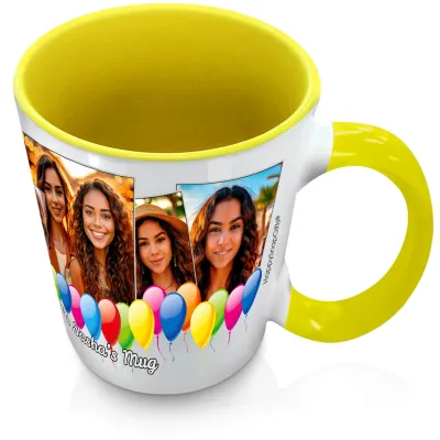 (XL 15oz Yellow Inner & Handle) with Balloon Design with 5 Photos (Personalised with Text)