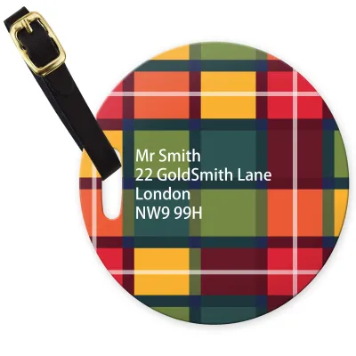 (10cm Circle) - Tartan Check with Leather Strap (Personalised with Text)
