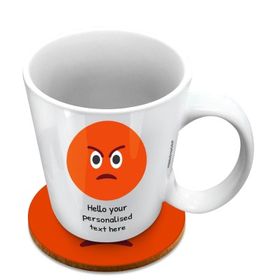 (10oz White) - Angry Face (Personalised with Text) with 1 matching Circular Coaster