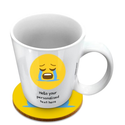 (10oz White) - Crying (Personalised with Text) with 1 matching Circular Coaster