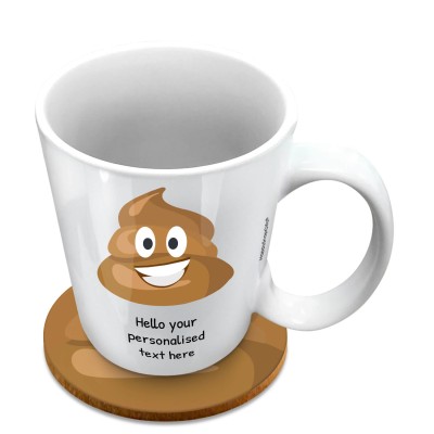 (10oz White) - Happy Poo (Personalised with Text) with 1 matching Circular Coaster