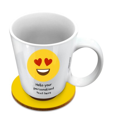 (10oz White) - Love Heart Eyes (Personalised with Text) with 1 matching Circular Coaster