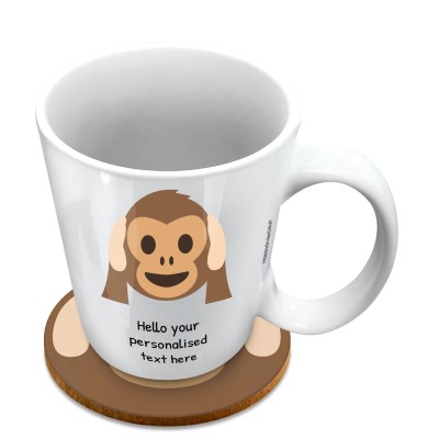 (10oz White) - Hear no Evil Monkey (Personalised with Text) with 1 matching Circular Coaster