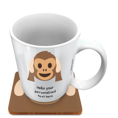 (10oz White) - Hear no Evil Monkey (Personalised with Text) with 1 matching Square Coaster