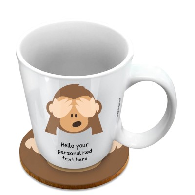 (10oz White) - See no Evil Monkey (Personalised with Text) with 1 matching Circular Coaster