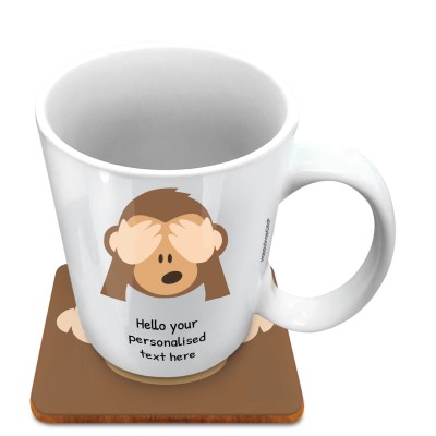 (10oz White) - See no Evil Monkey (Personalised with Text) with 1 matching Square Coaster