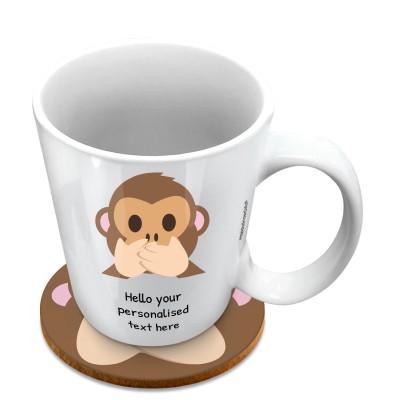 (10oz White) - Speak no Evil Monkey (Personalised with Text) with 1 matching Circular Coaster