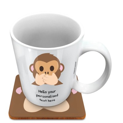 (10oz White) - Speak no Evil Monkey (Personalised with Text) with 1 matching Square Coaster