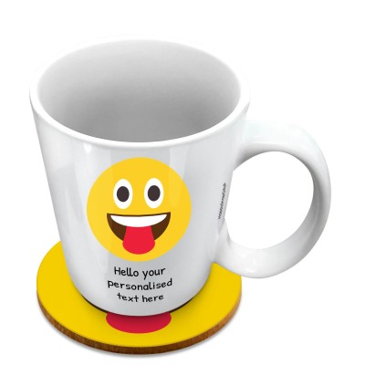 (10oz White) - Tongue Out (Personalised with Text) with 1 matching Circular Coaster