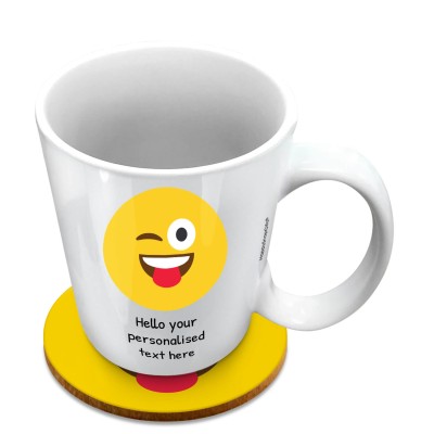 (10oz White) - Tongue with a Wink (Personalised with Text) with 1 matching Circular Coaster