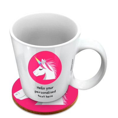 (10oz White) - Unicorn (Personalised with Text) with 1 matching Circular Coaster