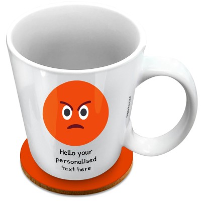 (XL 15oz White) - Angry Face (Personalised with Text) with 1 matching Circular Coaster