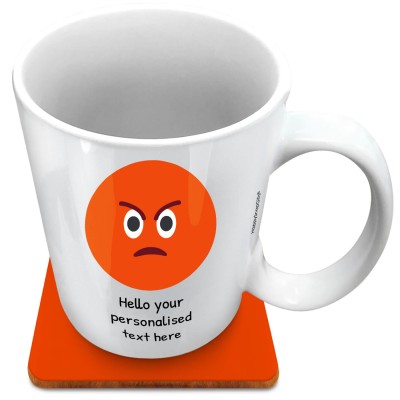 (XL 15oz White) - Angry Face (Personalised with Text) with 1 matching Square Coaster