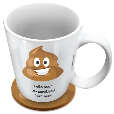 (XL 15oz White) - Happy Poo (Personalised with Text) with 1 matching Circular Coaster