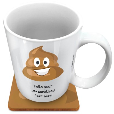 (XL 15oz White) - Happy Poo (Personalised with Text) with 1 matching Square Coaster