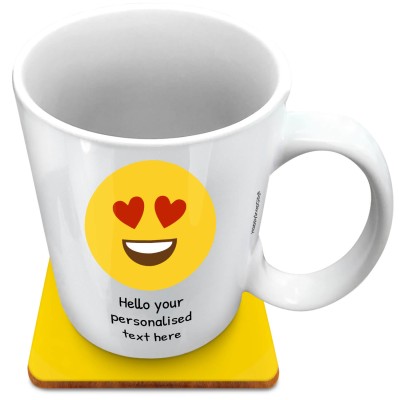 (XL 15oz White) - Love Heart Eyes (Personalised with Text) with 1 matching Square Coaster