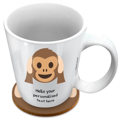 (XL 15oz White) - Hear no Evil Monkey (Personalised with Text) with 1 matching Circular Coaster