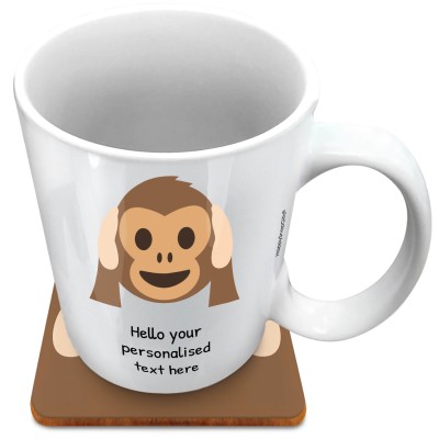 (XL 15oz White) - Hear no Evil Monkey (Personalised with Text) with 1 matching Square Coaster