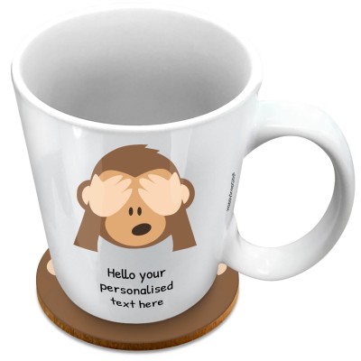 (XL 15oz White) - See no Evil Monkey (Personalised with Text) with 1 matching Circular Coaster