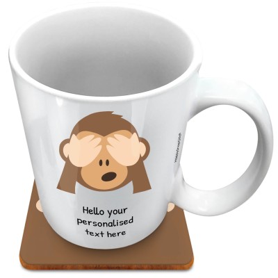 (XL 15oz White) - See no Evil Monkey (Personalised with Text) with 1 matching Square Coaster