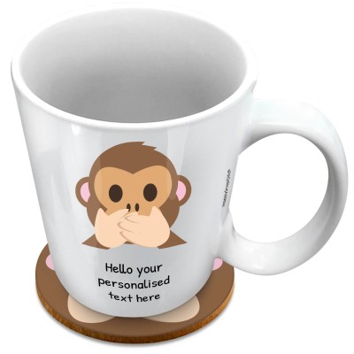 (XL 15oz White) - Speak no Evil Monkey (Personalised with Text) with 1 matching Circular Coaster
