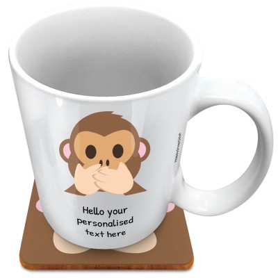 (XL 15oz White) - Speak no Evil Monkey (Personalised with Text) with 1 matching Square Coaster