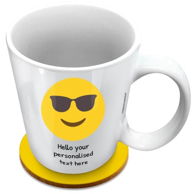 (XL 15oz White) - Sunglasses (Personalised with Text) with 1 matching Circular Coaster