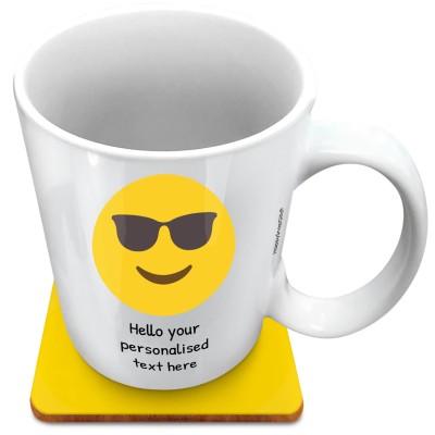 (XL 15oz White) - Sunglasses (Personalised with Text) with 1 matching Square Coaster