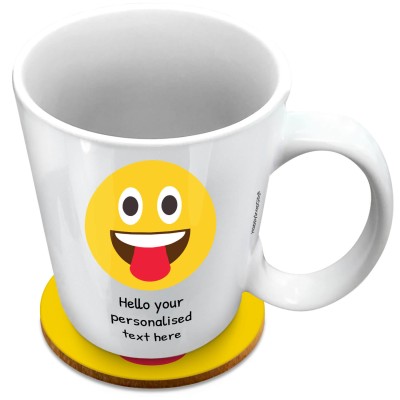 (XL 15oz White) - Tongue Out (Personalised with Text) with 1 matching Circular Coaster