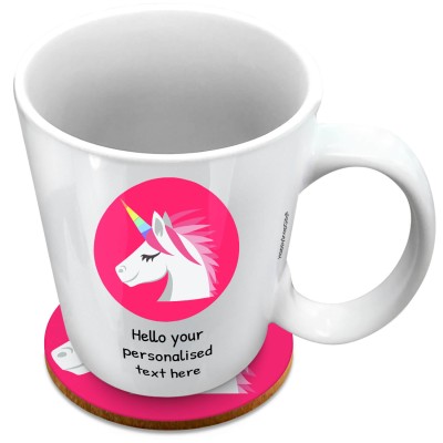 (XL 15oz White) - Unicorn (Personalised with Text) with 1 matching Circular Coaster