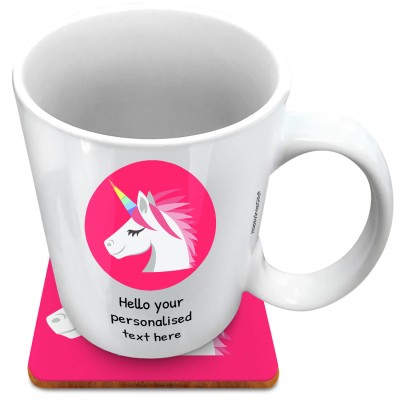 (XL 15oz White) - Unicorn (Personalised with Text) with 1 matching Square Coaster