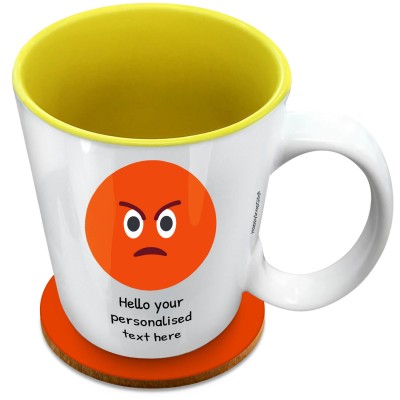 (XL 15oz Yellow) - Angry Face (Personalised with Text) with 1 matching Circular Coaster