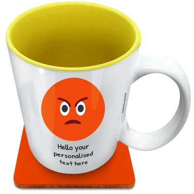 (XL 15oz Yellow) - Angry Face (Personalised with Text) with 1 matching Square Coaster