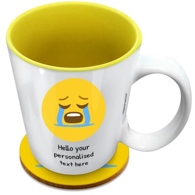 (XL 15oz Yellow) - Crying (Personalised with Text) with 1 matching Circular Coaster