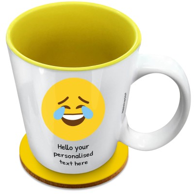 (XL 15oz Yellow) - Crying with Laughter (Personalised with Text) with 1 matching Circular Coaster