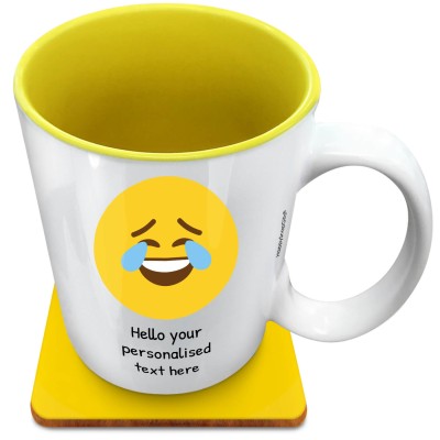 (XL 15oz Yellow) - Crying with Laughter (Personalised with Text) with 1 matching Square Coaster