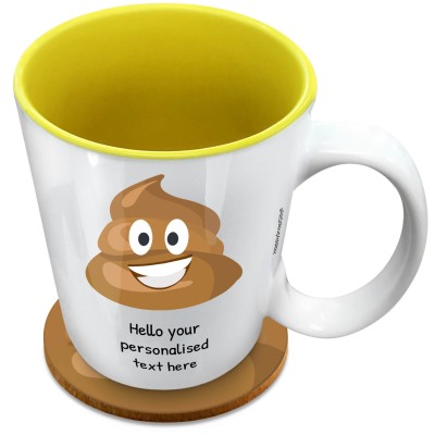 (XL 15oz Yellow) - Happy Poo (Personalised with Text) with 1 matching Circular Coaster