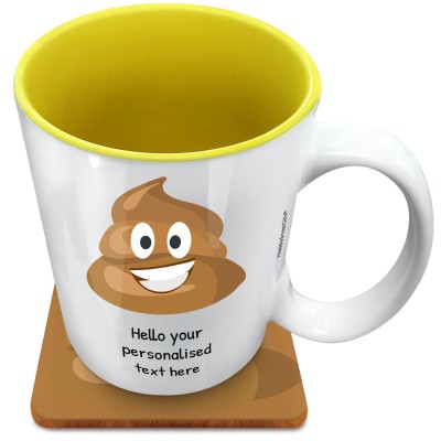 (XL 15oz Yellow) - Happy Poo (Personalised with Text) with 1 matching Square Coaster