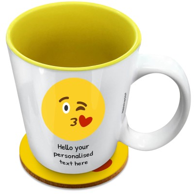(XL 15oz Yellow) - Kiss with a Wink (Personalised with Text) with 1 matching Circular Coaster