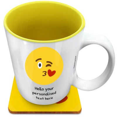 (XL 15oz Yellow) - Kiss with a Wink (Personalised with Text) with 1 matching Square Coaster
